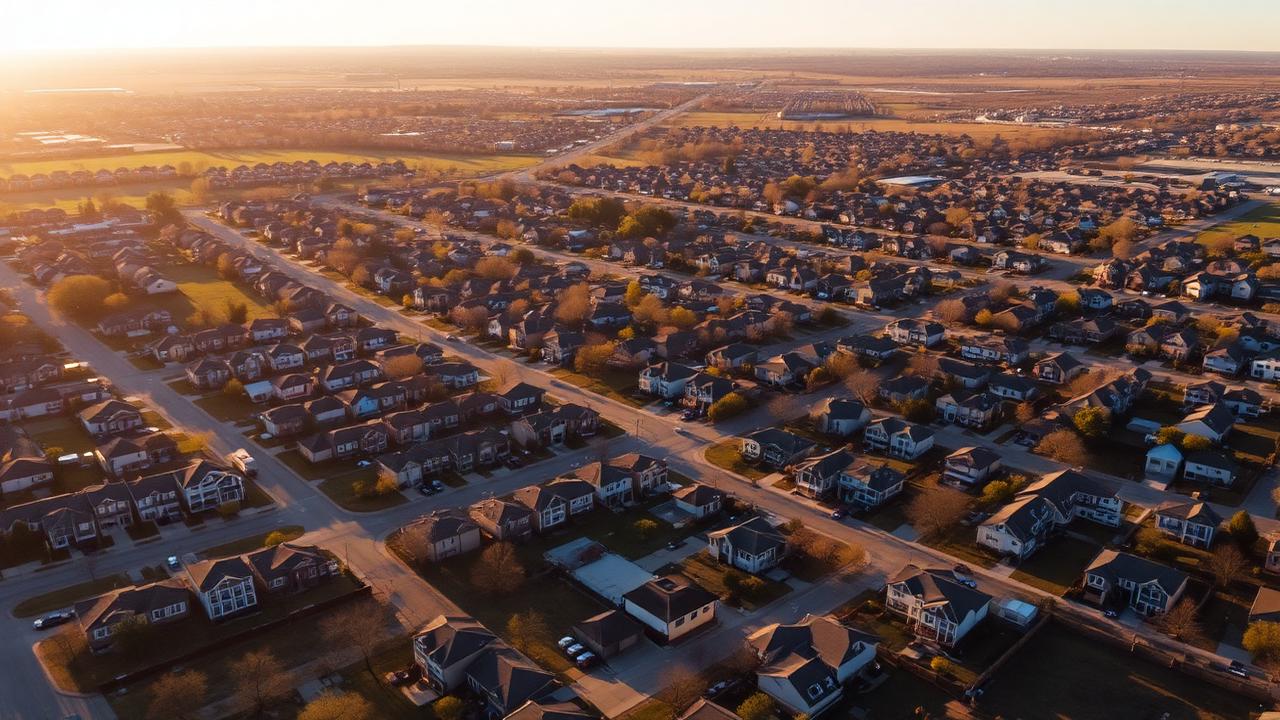 Aerial view of Plano TX neighborhoods near Legacy West and the Dallas North Tollway